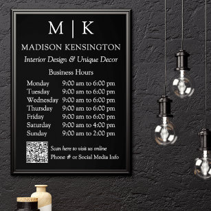 Monogram or Add Logo Business Hours Black QR Code Poster
