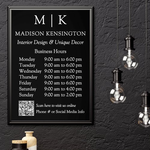 Monogram or Add Logo Business Hours Black QR Code Poster