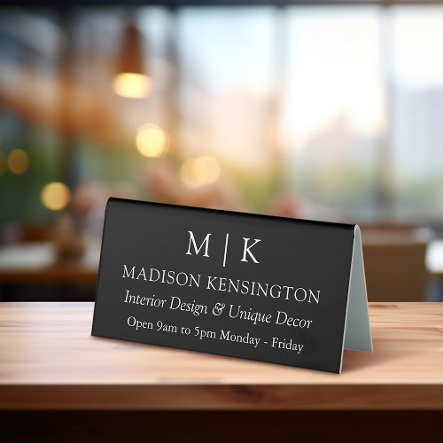 Monogram or Add Logo Business Hours Black Table Tent Sign