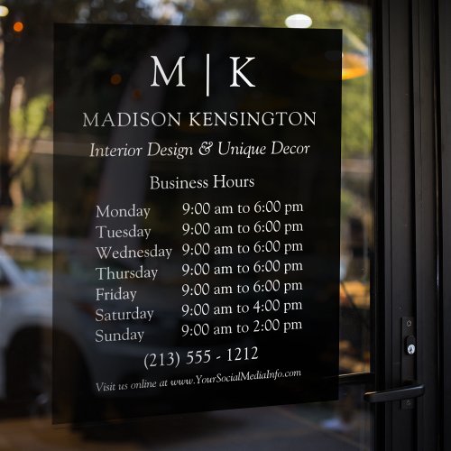 Monogram or Add Logo Business Hours Black Window Cling