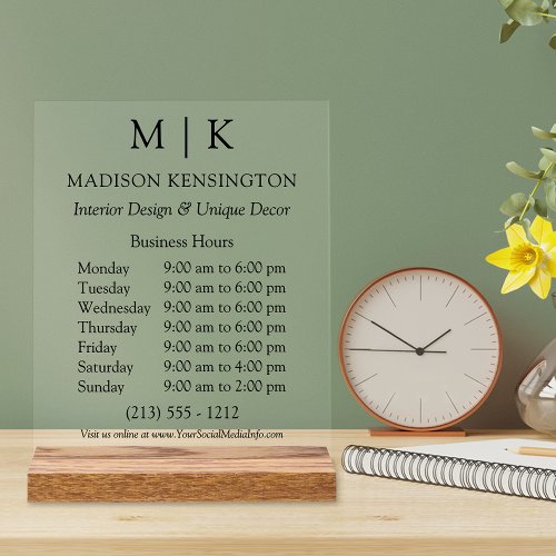 Monogram or Add Logo Business Hours Clear Acrylic Sign