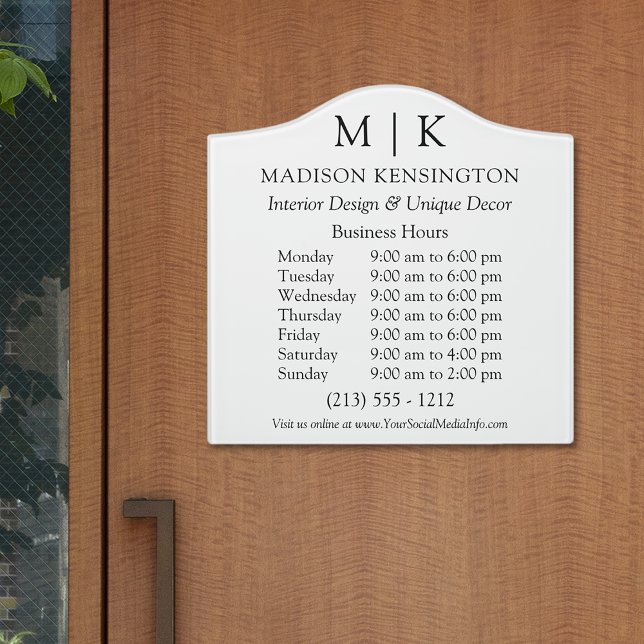 Monogram or Add Logo Business Hours Crest Door Sign (Edit to Customize text, colors and more)
