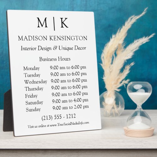 Monogram or Add Logo Business Hours Plaque