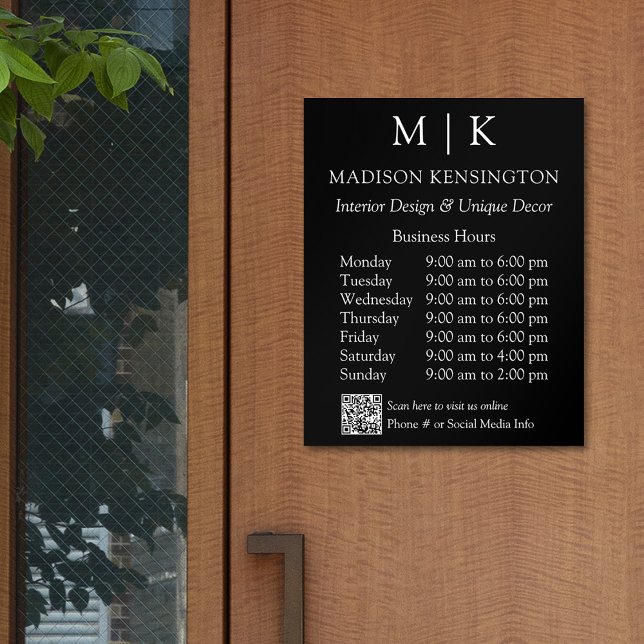 Monogram or Add Logo Business Hours QR Black Acrylic Photo Tile (Edit to Customize text, colors and more)