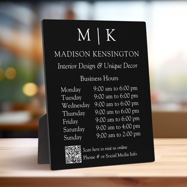 Monogram or Add Logo Business Hours QR Code Black Plaque (Edit to Customize text, colors and more)