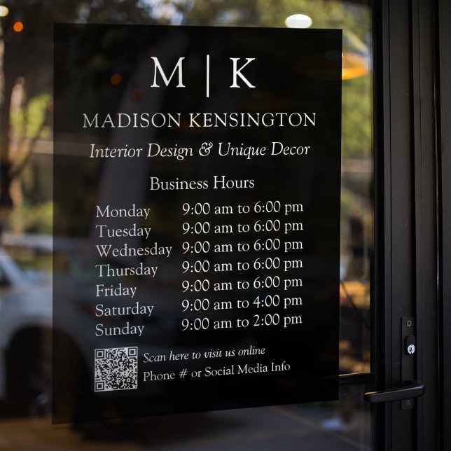 Monogram or Add Logo Business Hours QR Code Black Window Cling (Edit to Customize text, colors and more)