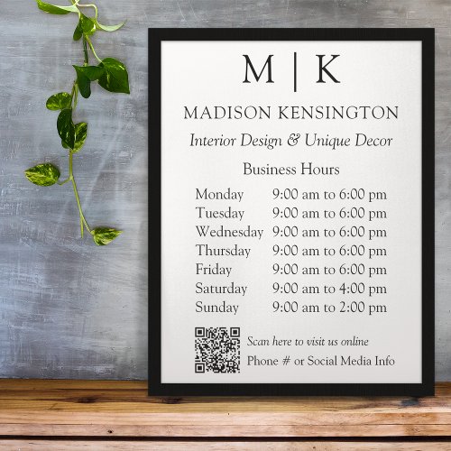 Monogram or Add Logo Business Hours QR Code Poster