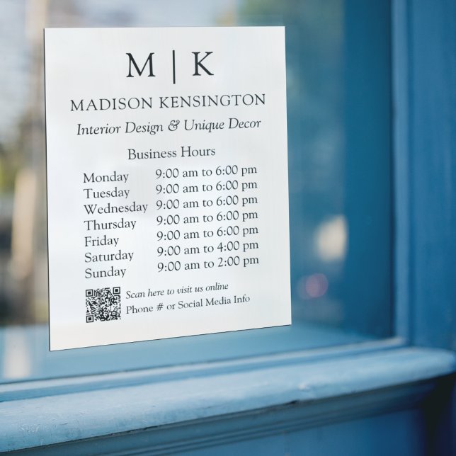 Monogram or Add Logo Business Hours QR Code Window Cling (Edit to Customize text, colors and more)