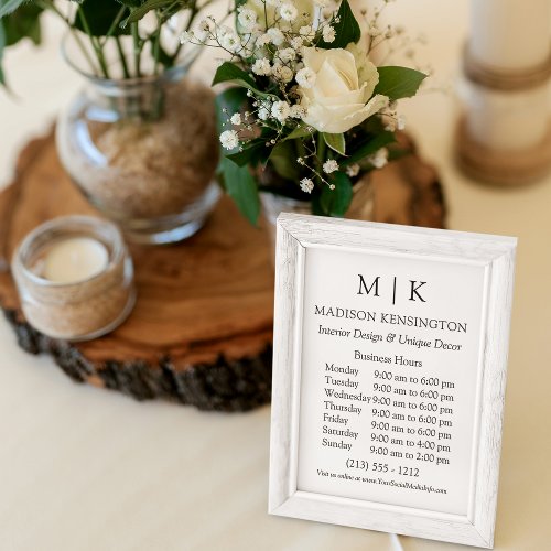 Monogram or Add Logo Business Hours Small Poster