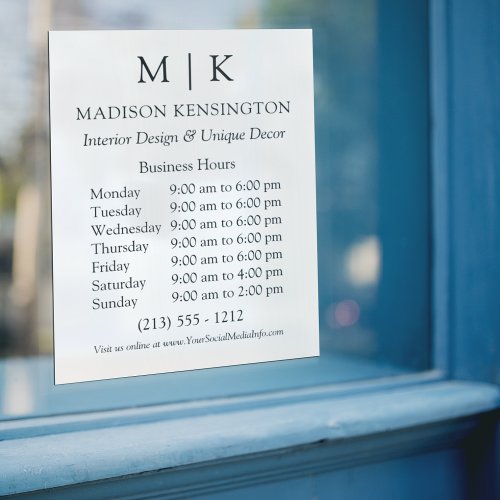 Monogram or Add Logo Business Hours Window Cling