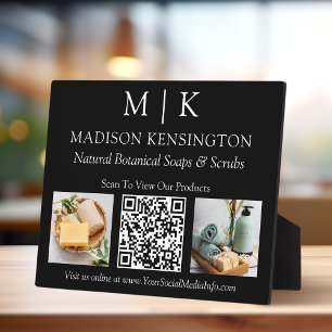Monogram or Add Logo Business QR 2 Photos Black Plaque
