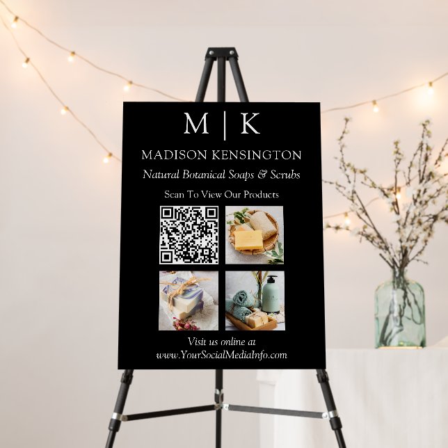 Monogram or Add Logo Business QR 3 Photos Black Foam Board (In Situ (Stand))
