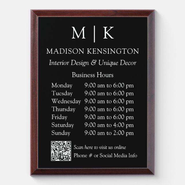Monogram or Add Logo Business QR Black Wall Plaque (Vertical)