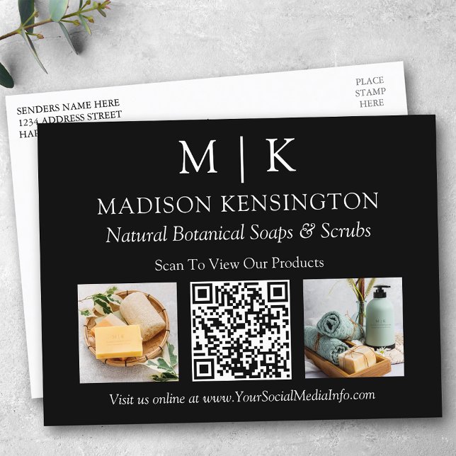 Monogram or Add Logo Business QR Code 2 Photo Postcard (Edit to Customize text, colors and more.)