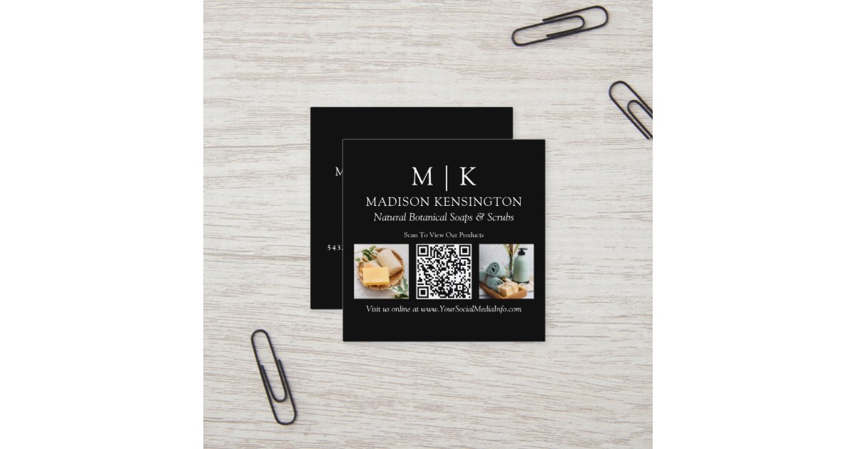 Monogram or Add Logo Business QR Code 2 Photo Square Business Card | Zazzle