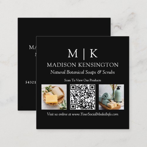 Monogram or Add Logo Business QR Code 2 Photo Square Business Card