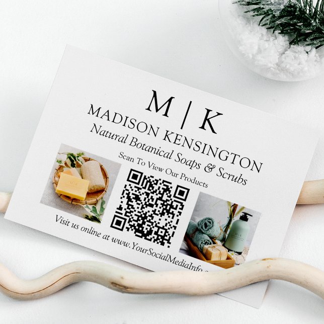 Monogram or Add Logo Business QR Code 2 Photos Card (Edit to Customize text, colors and more)