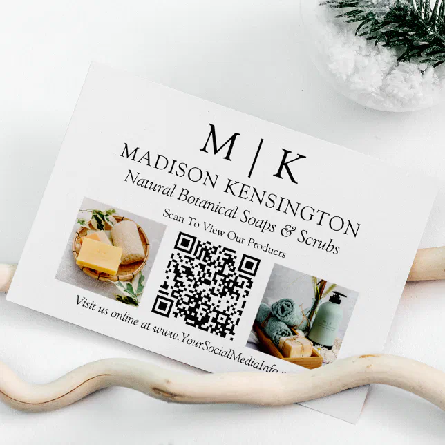 Monogram or Add Logo Business QR Code 2 Photos Card | Zazzle