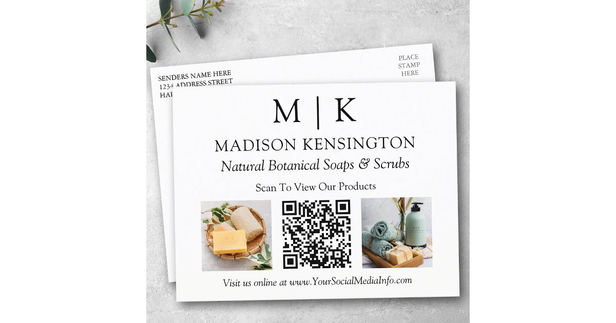 Monogram or Add Logo Business QR Code 2 Photos Postcard | Zazzle