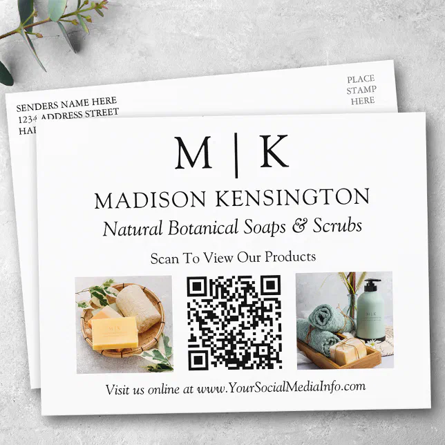 Monogram or Add Logo Business QR Code 2 Photos Postcard | Zazzle