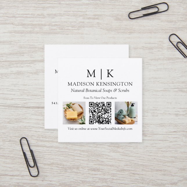 Monogram or Add Logo Business QR Code 2 Photos Square Business Card (Front/Back In Situ)