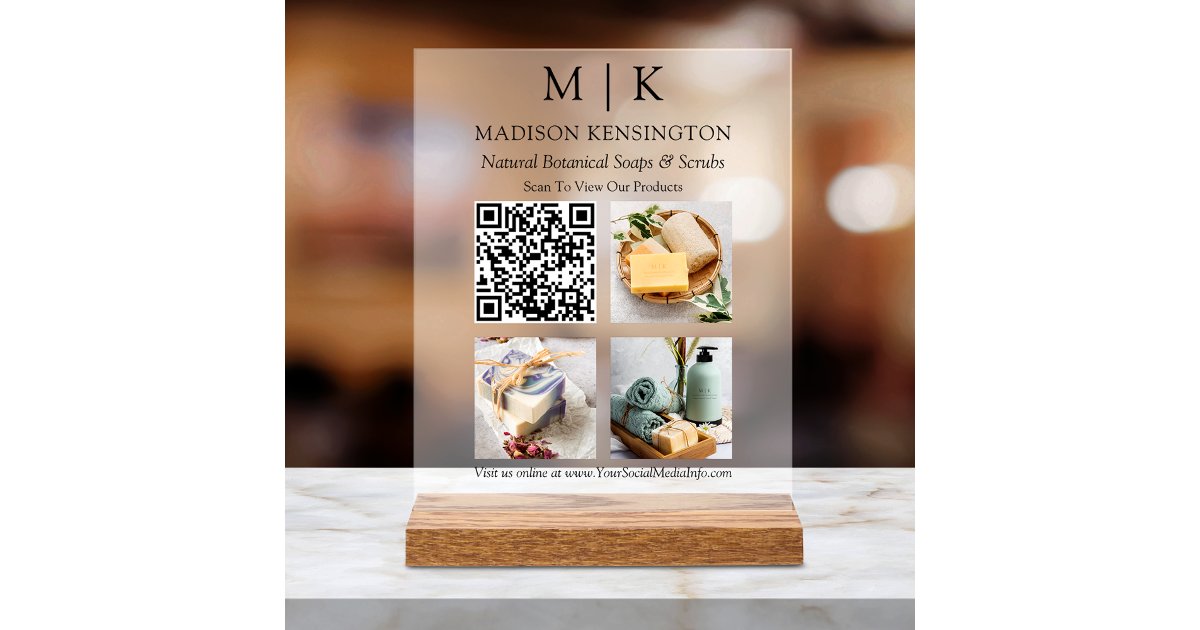 Monogram or Add Logo Business QR Code 3 Photos Acrylic Sign | Zazzle