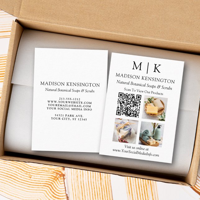 Monogram or Add Logo Business QR Code 3 Photos Business Card (Edit to Customize text, colors and more)