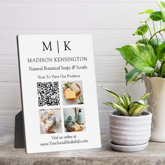 Monogram or Add Logo Business QR Code 3 Photos Plaque (Edit to Customize text, colors and more)