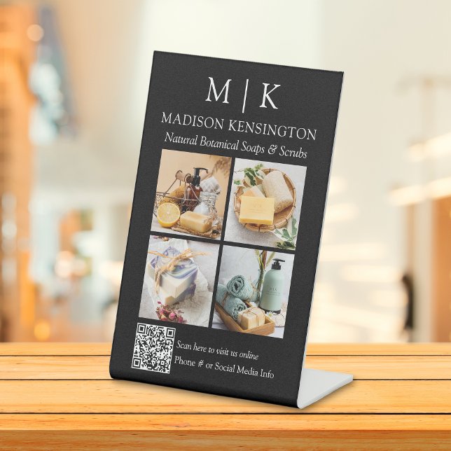 Monogram or Add Logo Business QR Code 4 Photo Pedestal Sign (Edit to Customize text, colors and more)