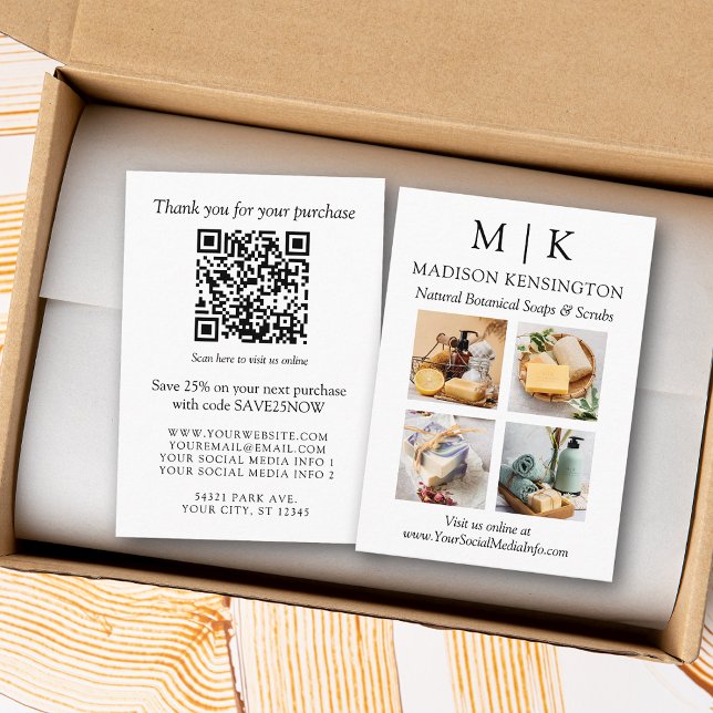 Monogram or Add Logo Business QR Code 4 Photos Enclosure Card (Edit to Customize text, colors and more)