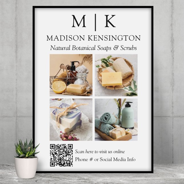Monogram or Add Logo Business QR Code 4 Photos Poster (Edit to Customize text, colors and more)