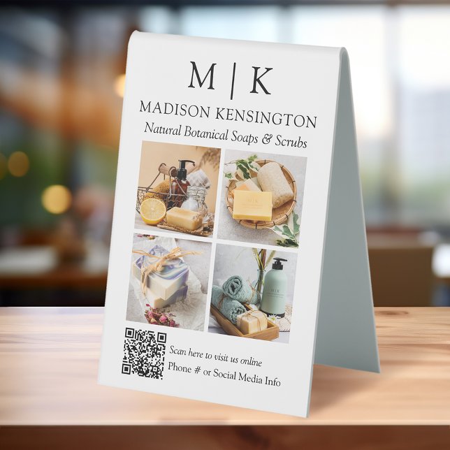Monogram or Add Logo Business QR Code 4 Photos Table Tent (Edit to Customize text, colors and more.)