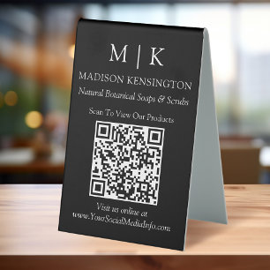 Monogram or Add Logo Business QR Code Black Table Tent