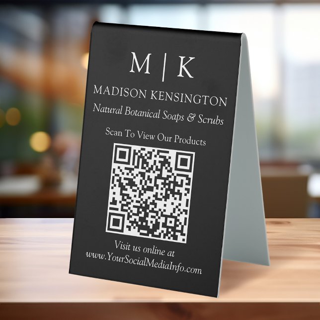 Monogram or Add Logo Business QR Code Black Table Tent (Edit to Customize text, colors and more.)