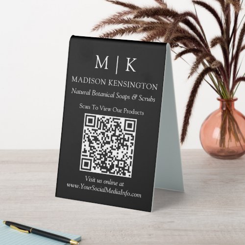 Monogram or Add Logo Business QR Code Black Table Tent Sign