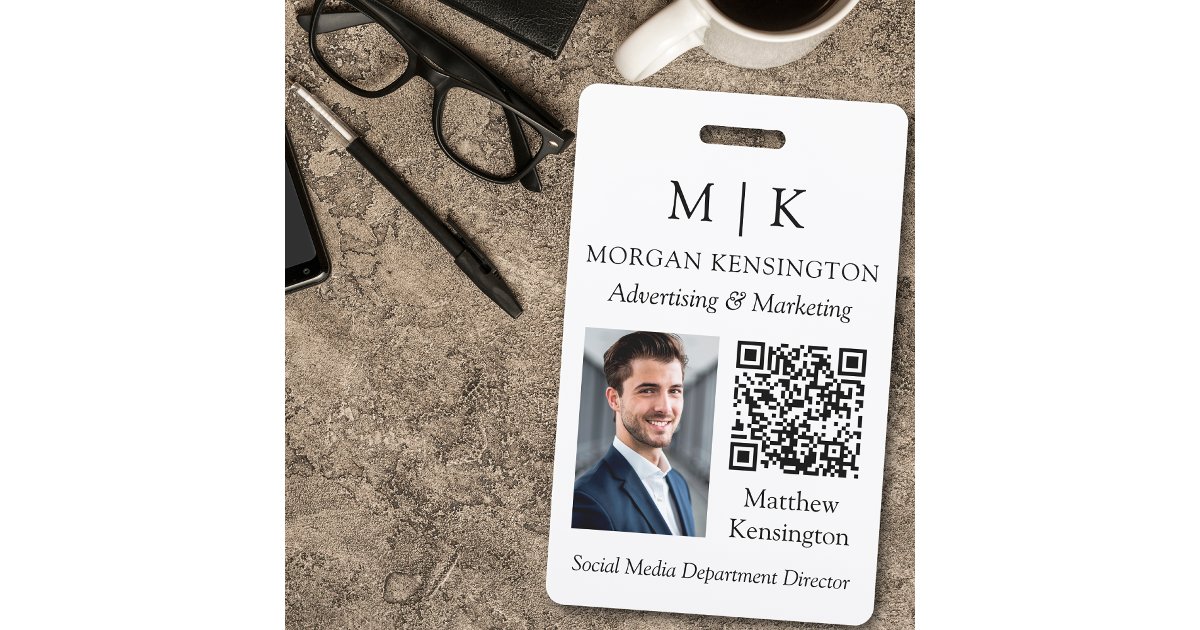 Monogram or Add Logo Business QR Code Photo Badge | Zazzle