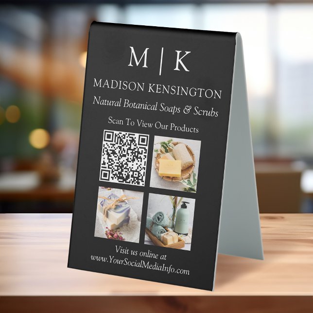 Monogram or Add Logo Business QR Code Photos Black Table Tent (Edit to Customize text, colors and more.)