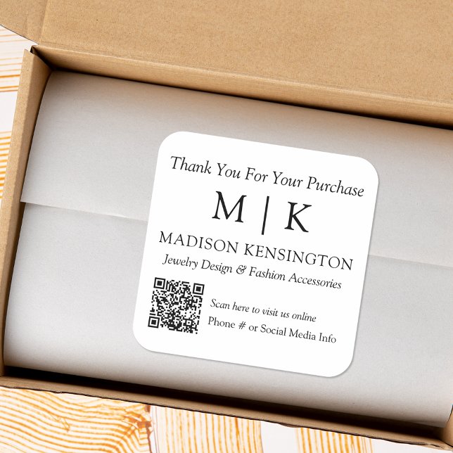 Monogram or Add Logo Business QR Code Square Sticker (Edit to Customize text, colors and more)