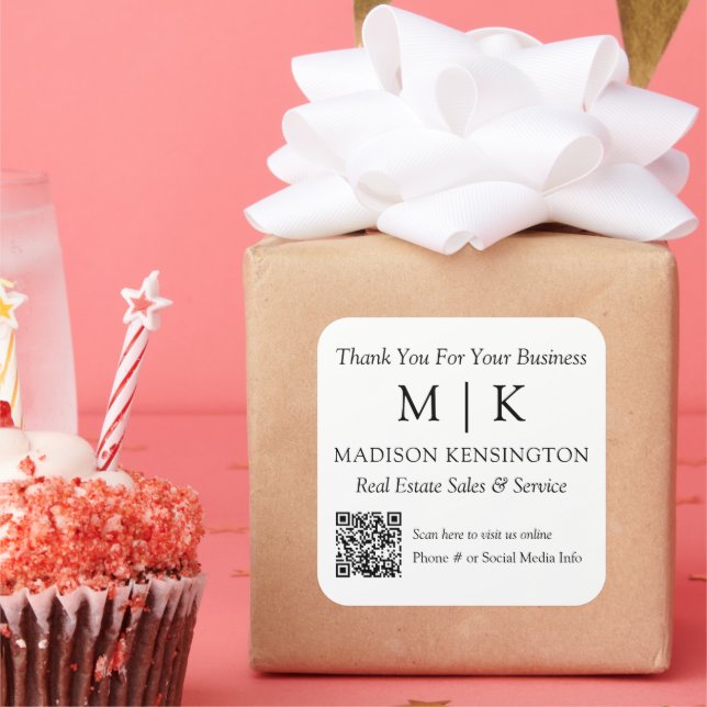 Monogram or Add Logo Business QR Code Thank You Square Sticker (Party)