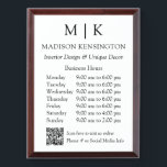 Monogram or Add Logo Business QR Code Wall Plaque<br><div class="desc">Modern Minimalist Business Hours Wall Plaque Sign. Black & White or choose your custom colors. Add your website or social media web address to the QR Scan Code. Perfect for retail companies, small business shops, salons, spas, bakeries, cafes, restaurants, bars and more. Easy to personalize with your monogram initials, business...</div>
