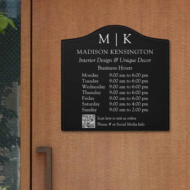 Monogram or Add Logo QR Code Business Hours Black Door Sign (Edit to Customize text, colors and more)