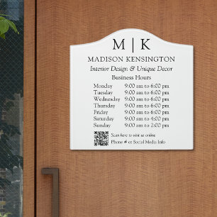 Monogram or Add Logo QR Code Business Hours Door Sign