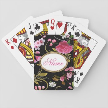 Monogram Or Custom Text  Pink Flowers Playing Cards by 85leobar85 at Zazzle