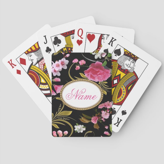 Monogram or Custom Text  Pink Flowers Poker Cards (Back)