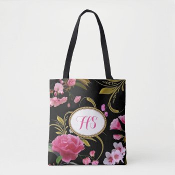 Monogram Or Custom Text  Pink Flowers Tote Bag by 85leobar85 at Zazzle