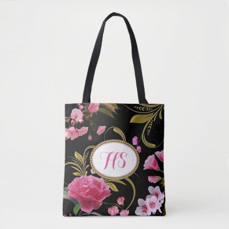 Monogram Or Custom Text  Pink Flowers Tote Bag