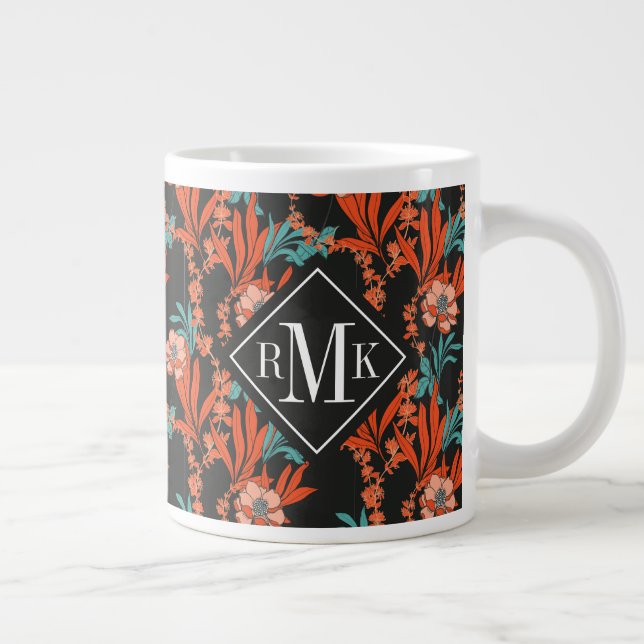 Monogram | Orange Abstract Floral Pattern Giant Coffee Mug (Right)