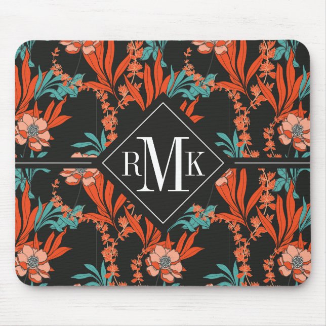Monogram | Orange Abstract Floral Pattern Mouse Pad (Front)