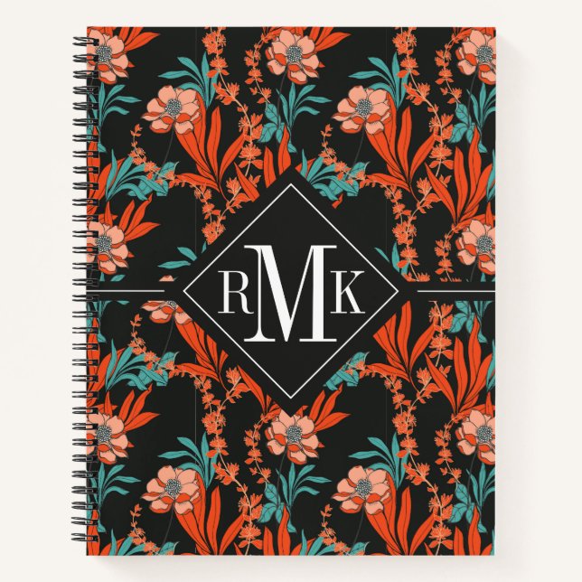 Monogram | Orange Abstract Floral Pattern Notebook (Front)