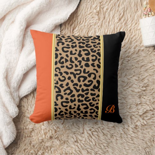 Monogram Orange and Black Leopard Animal Pattern Throw Pillow